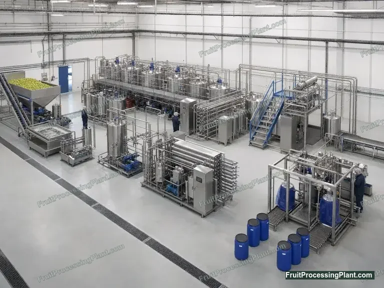 Illustrative overview of a complete fruit processing line in an industrial plant